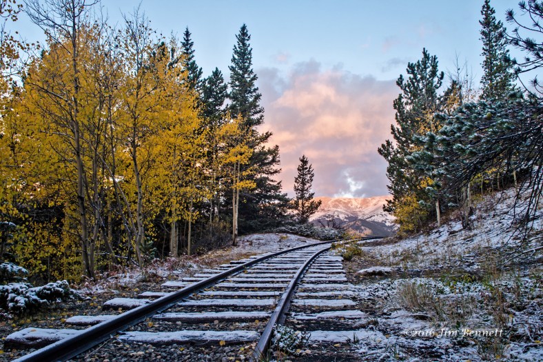 Snowy autumn colors at the Rocky Point tracks along Boreas Pass Road, Colorado.